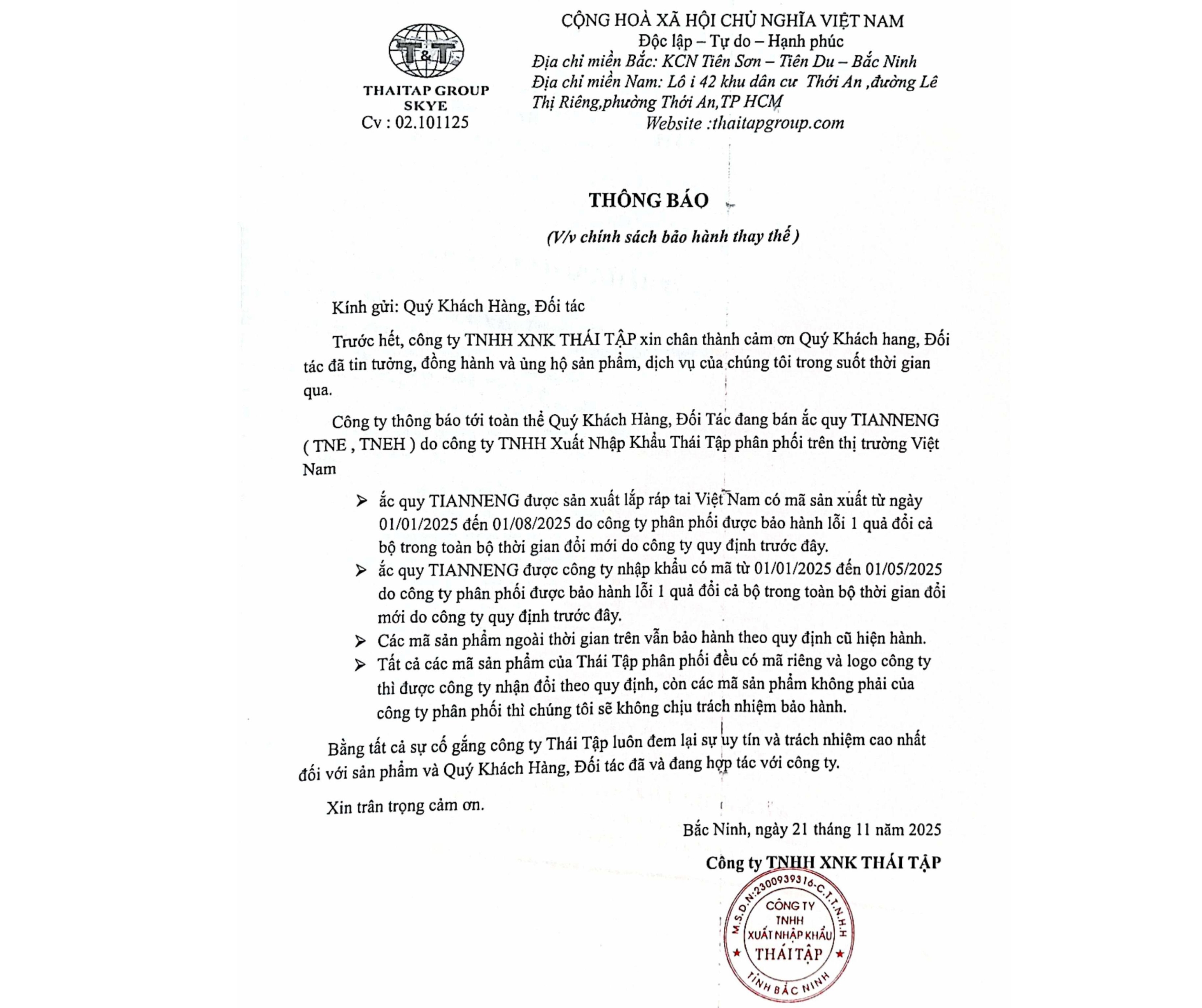THÔNG BÁO: Chính sách bảo hành thay thế ắc quy Tianneng (Thiên Năng) do Thái Tập GROUP phân phối tại Việt Nam