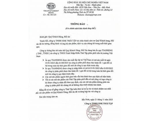 THÔNG BÁO: Chính sách bảo hành thay thế ắc quy Tianneng (Thiên Năng) do Thái Tập GROUP phân phối tại Việt Nam