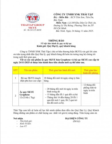 Thông Báo: Chính Sách Bảo Hành Ắc Quy SKYE 12V23Ah
