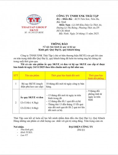 Thông Báo: Chính Sách Bảo Hành Ắc Quy SKYE 12V22.6Ah - 12V13.3Ah